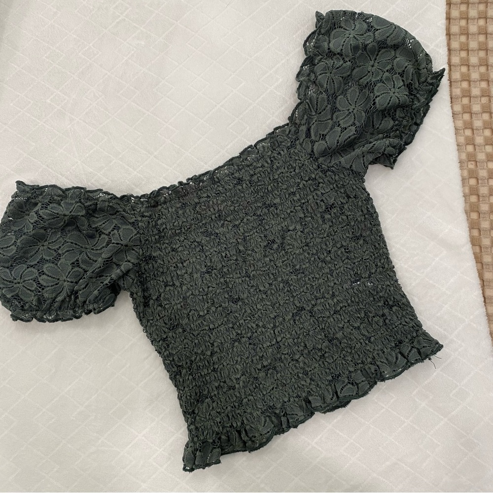 Ten Sixty Sherman | Dark Green Lace Smocked Off the Shoulder Top